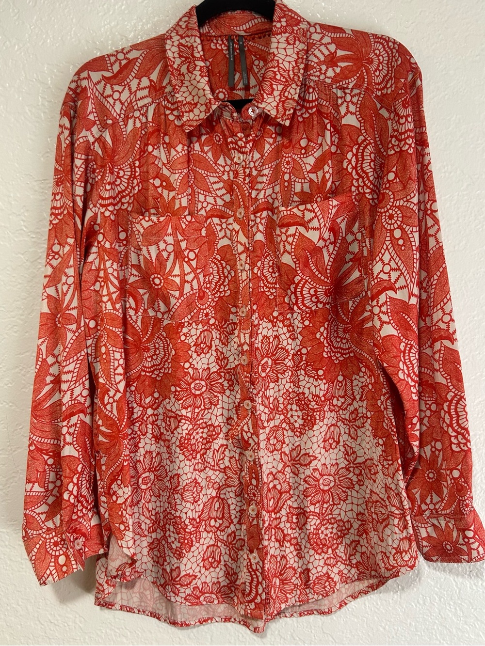 Anthropologie Orange Floral Print Button-Down Shirt with Pockets
